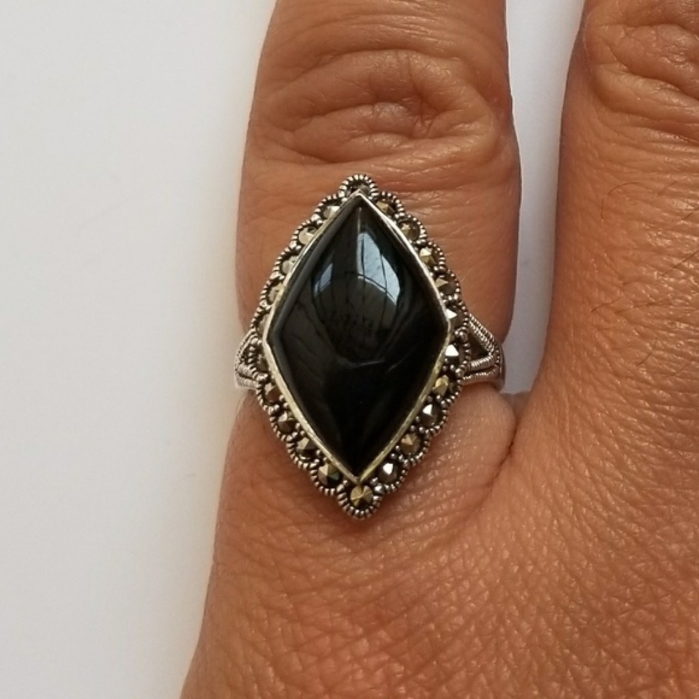 *SOLD * Sterling Silver Black Onyx Marcasite Ring